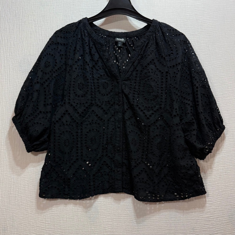 INC Eyelet Embroidery Blouse Womens XL Black Boho Puff Sleeve Button Front Goth